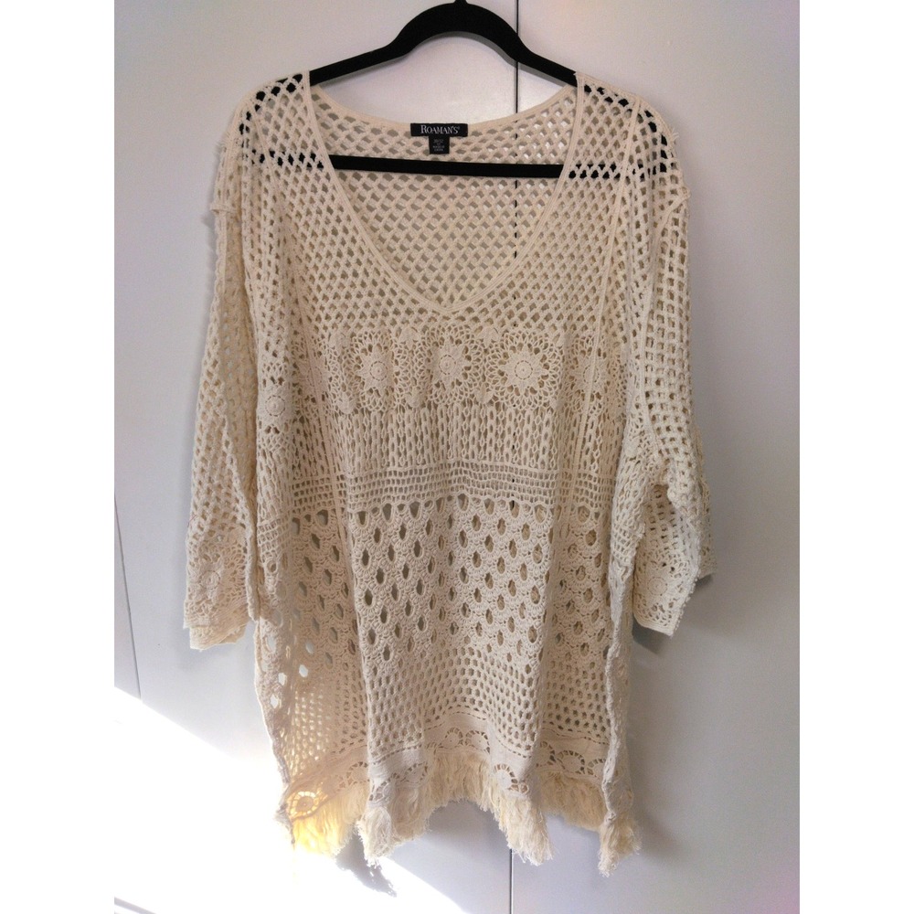 Roamans Crochet Boho Tunic Top Womens Plus Size 3x Fringe Hem Open Knit Coastal